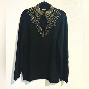 Reba XL Top Tunic Knit Sweater Black Gold Beads